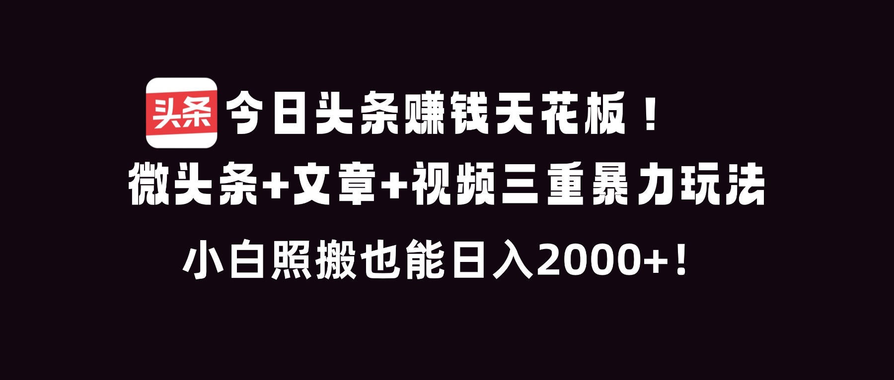 今日头条赚钱天花板！微头条+文章+视频三重暴利玩法，小白照搬也能日人2000+-heixxmi