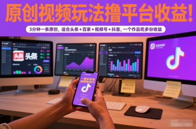 原创视频玩法撸平台收益，3分钟一条原创，适合头条+百家+视频号+抖音，一个作品吃多份收益-heixxmi