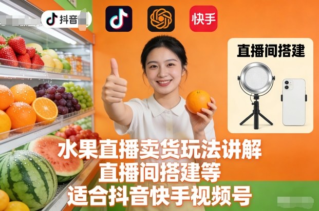 水果直播卖货玩法讲解、直播间搭建等，适合抖音快手视频号-heixxmi