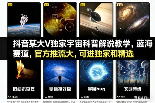 抖音某大V独家宇宙科普解说教学，蓝海赛道，官方推流大，可进独家和精选-heixxmi