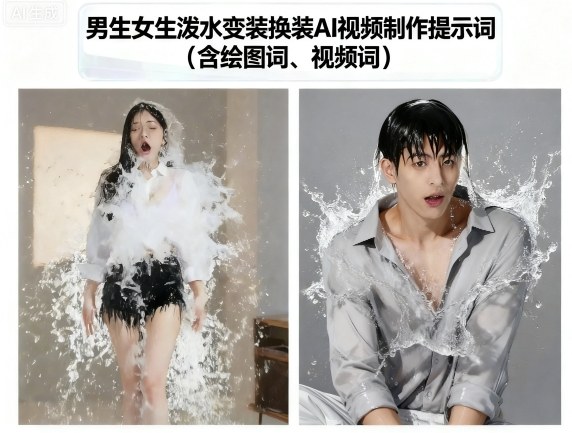 男生女生泼水变装换装AI视频制作提示词(含绘图词、视频词)-heixxmi