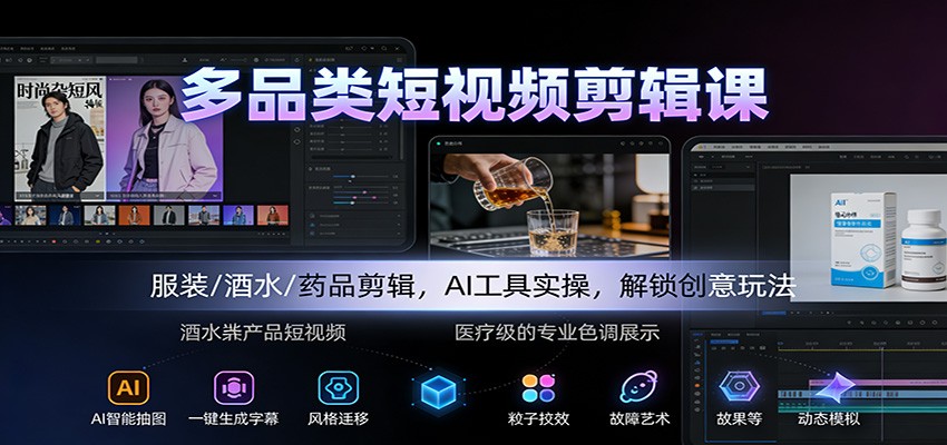 多品类短视频剪辑课：服装/酒水/药品剪辑，AI工具实操，解锁创意玩法-heixxmi