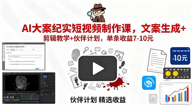 AI大案纪实短视频制作课，文案生成+剪辑教学+伙伴计划，单条收益7-10元-heixxmi