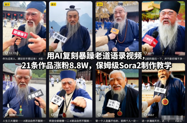 用AI复刻暴躁老道语录视频，21条作品涨粉8.8W，保姆级Sora2制作教学-heixxmi