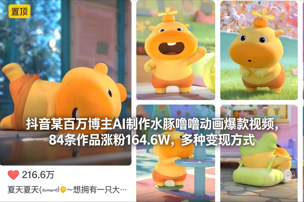 抖音某百万博主AI制作水豚噜噜动画爆款视频，84条作品涨粉164.6W，多种变现方式-heixxmi