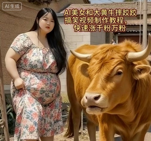 AI美女和大黄牛摔跤搞笑荒诞视频制作教程，快速涨千粉万粉-heixxmi