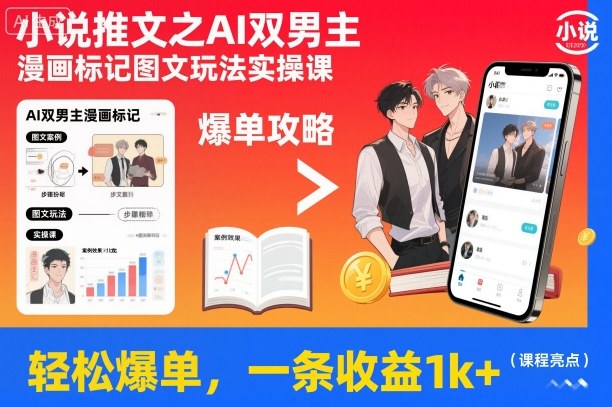 小说推文之AI双男主漫画标记图文玩法实操课，轻松爆单，一条收益1k+-heixxmi
