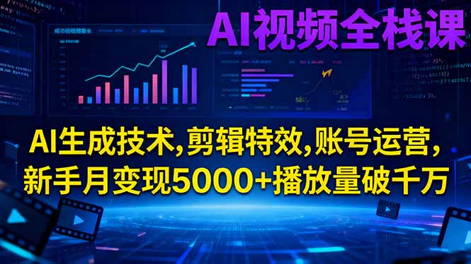 AI视频全栈课:AI生成技术,剪辑特效,账号运营,新手月变现5000+播放量破千万-heixxmi