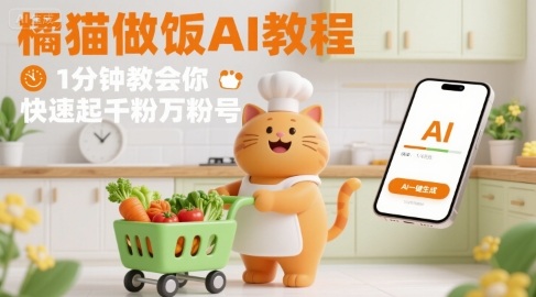 有趣的橘猫买菜做饭视频，用AI一键搞定，1分钟教会你，快速起千粉万粉号-heixxmi