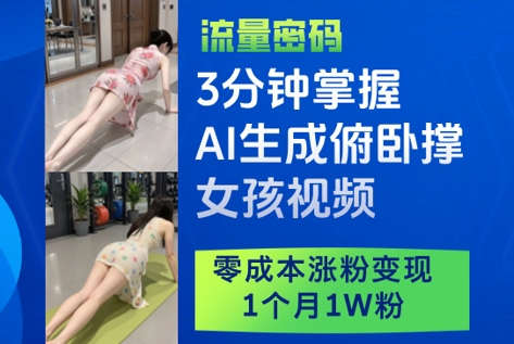 3分钟掌握AI生成俯卧撑女孩视频，零成本涨粉变现，1个月1W粉-heixxmi
