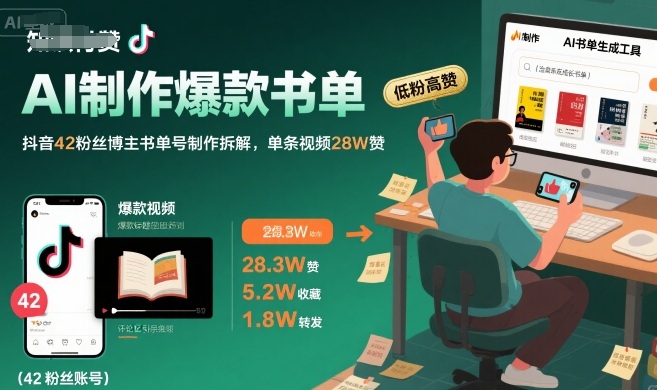 AI制作爆款书单，抖音42粉丝博主书单号制作拆解，单条视频28W赞-heixxmi