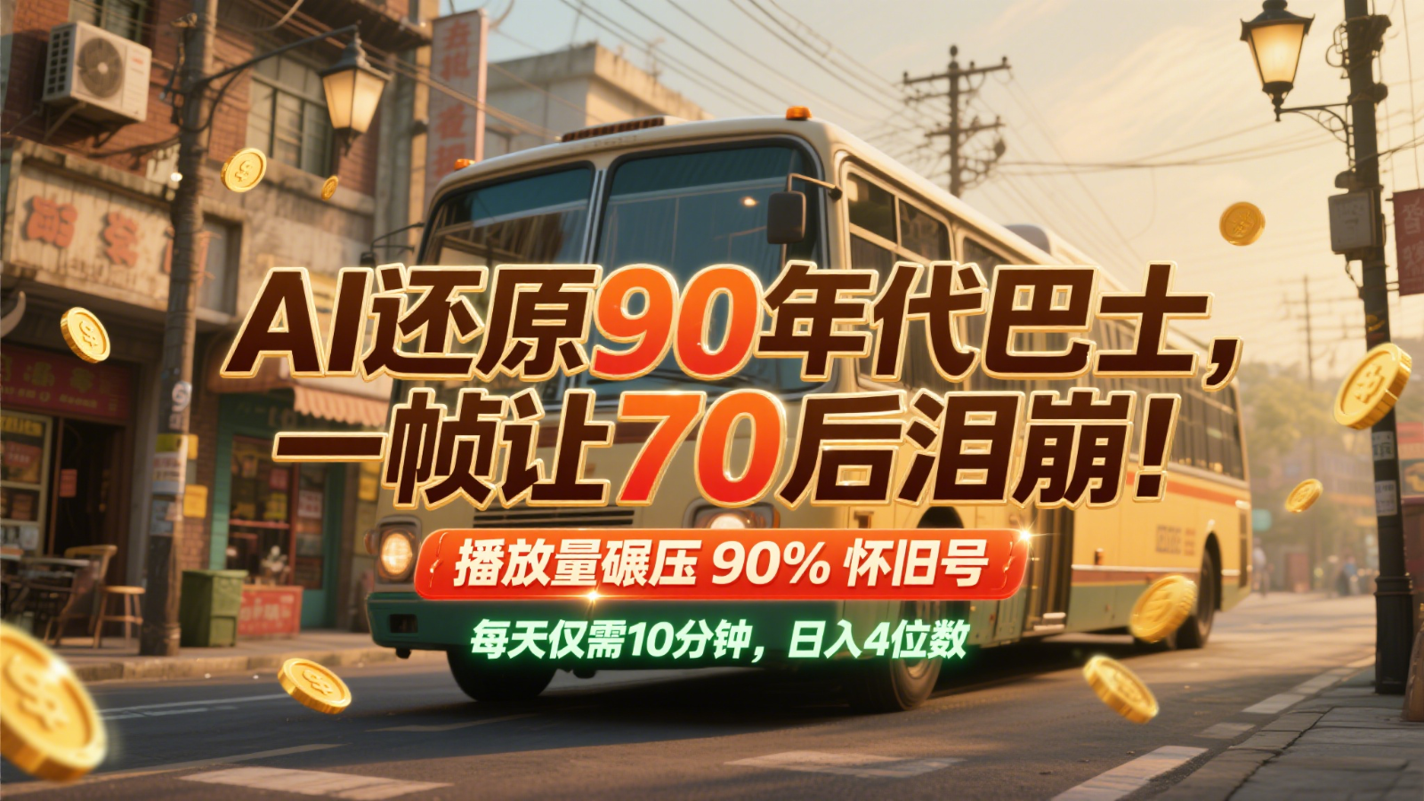 AI还原90年代巴士，一帧让70后泪崩！播放量碾压90%怀旧号，每天10分钟，日入4位数-heixxmi