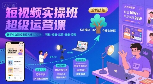 短视频实操班超级运营课，新手小白到短视频大神必修课程，剪辑-拍摄-运营-直播-变现-heixxmi