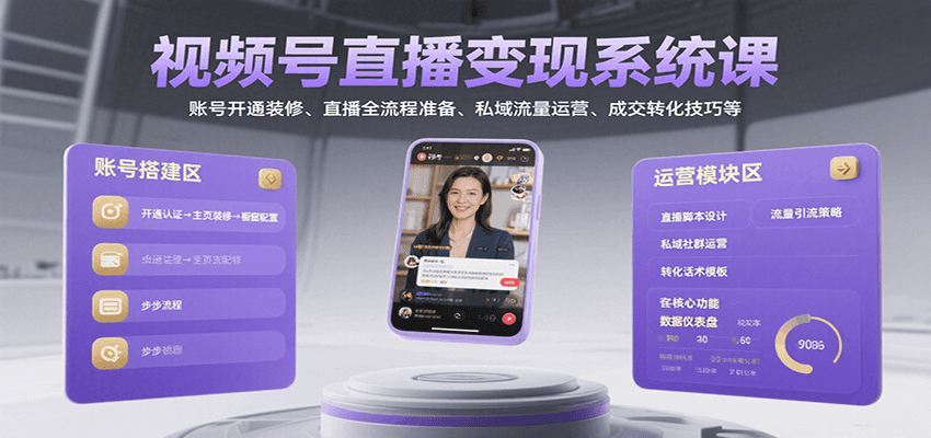 视频号直播变现系统课，账号开通装修、直播全流程准备、私域流量运营、成交转化技巧等-heixxmi