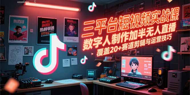 三平台短视频实战课，数字人制作加半无人直播，覆盖20+赛道剪辑与运营技巧-heixxmi