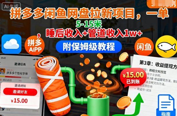 拼多多闲鱼网盘拉新项目，一单5-15米，睡后收入+管道收入1w+(附保姆级教程)-heixxmi