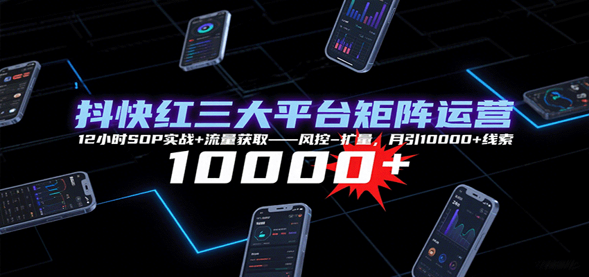 抖快红三大平台矩阵运营，12小时SOP实战+流量获取-风控-扩量，月引10000+线索-heixxmi