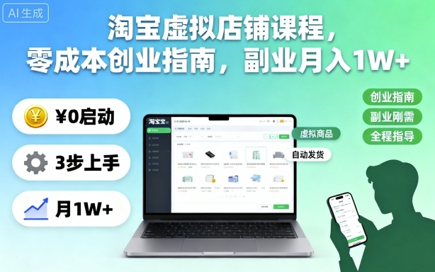 淘宝虚拟店铺课程，零成本创业指南，副业月入1W+-heixxmi