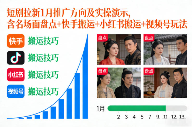 短剧拉新1月推广方向及实操演示，含名场面盘点+快手搬运+小红书搬运+视频号玩法-heixxmi