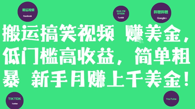 搬运搞笑视频挣美金，低门槛高收益，简单粗暴新手月入上千美刀-heixxmi