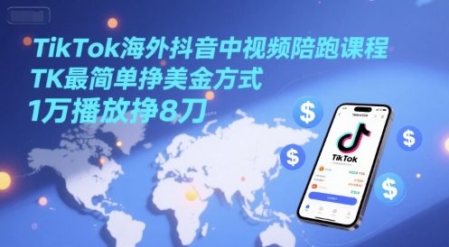 TikTok海外抖音中视频陪跑课程，TK最简单挣美金方式，1万播放挣8刀-heixxmi
