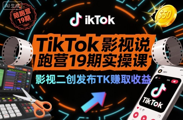 TikTok影视解说陪跑营19期实操课，影视二创发布TK賺取收益，万播收益50美金-heixxmi