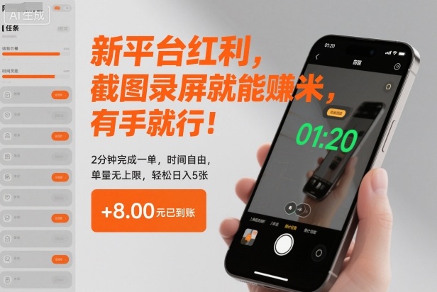 新平台红利，截图录屏就能賺米，有手就行！2分钟完成一单，时间自由，单量无上限，轻松日入5张【揭秘】-heixxmi