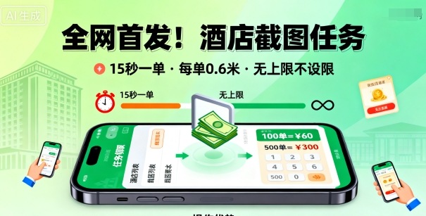 全网首发！酒店截图任务，15秒一单，每单0.6米，任务无上限不设限，矩阵操作单日3张到手【揭秘】-heixxmi