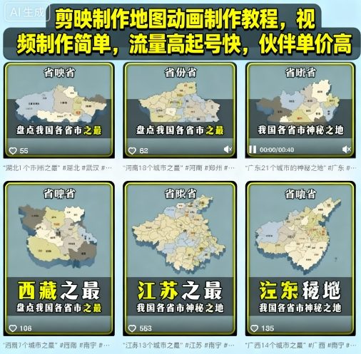 剪映制作地图动画制作教程，视频制作简单，流量高起号快，伙伴单价高-heixxmi