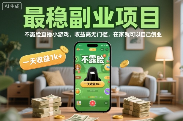 最稳副业项目，不露脸直播小游戏，收益高无门槛，一天收益1k+，在家就可以自己创业【揭秘】-heixxmi