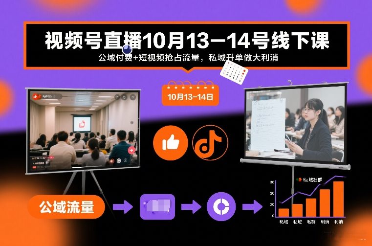 视频号直播10月13-14号线下课，公域付费+短视频抢占流量，私域升单做大利消-heixxmi