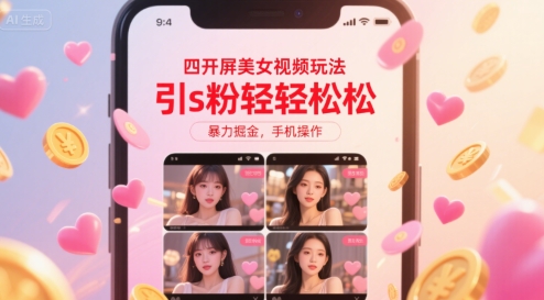 四开屏美女视频玩法，引s粉轻轻松松，暴力掘金，手机操作【揭秘】-heixxmi