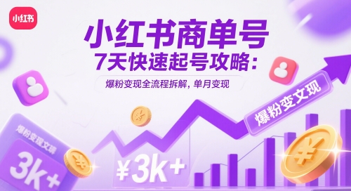 小红书商单号7天快速起号攻略：爆粉变现全流程拆解，单月变现3k+-heixxmi