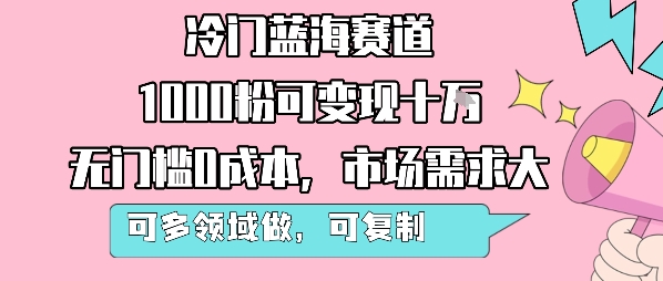 冷门蓝海赛道，1000粉可变现十W，无门槛0成本，市场需求大，可多领域做，可复制性强-heixxmi
