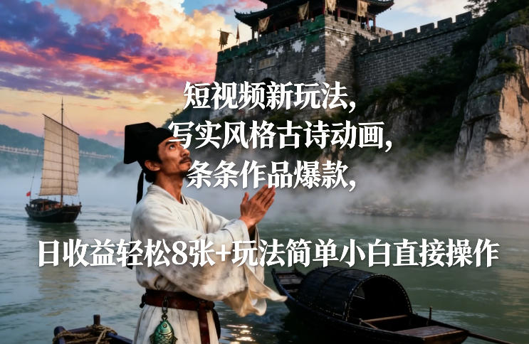 短视频新玩法，写实风格古诗动画，条条作品爆款，日收益轻松8张+玩法简单小白直接操作-heixxmi