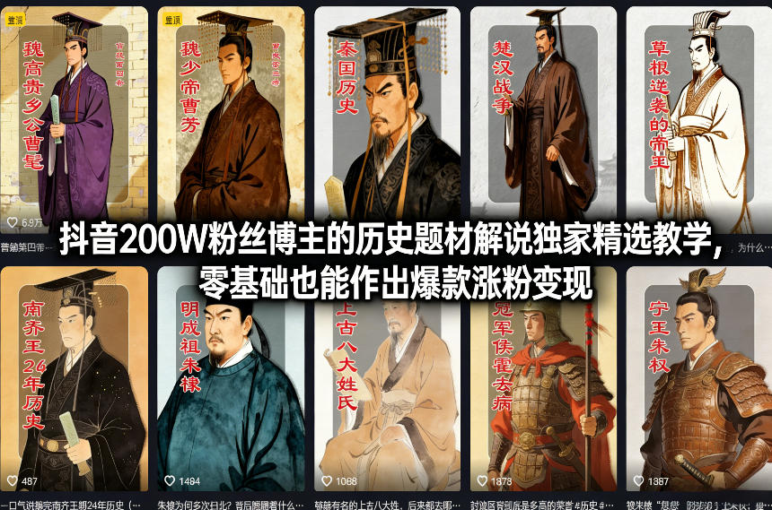 抖音200W粉丝博主的历史题材解说独家精选教学，零基础也能作出爆款涨粉变现-heixxmi