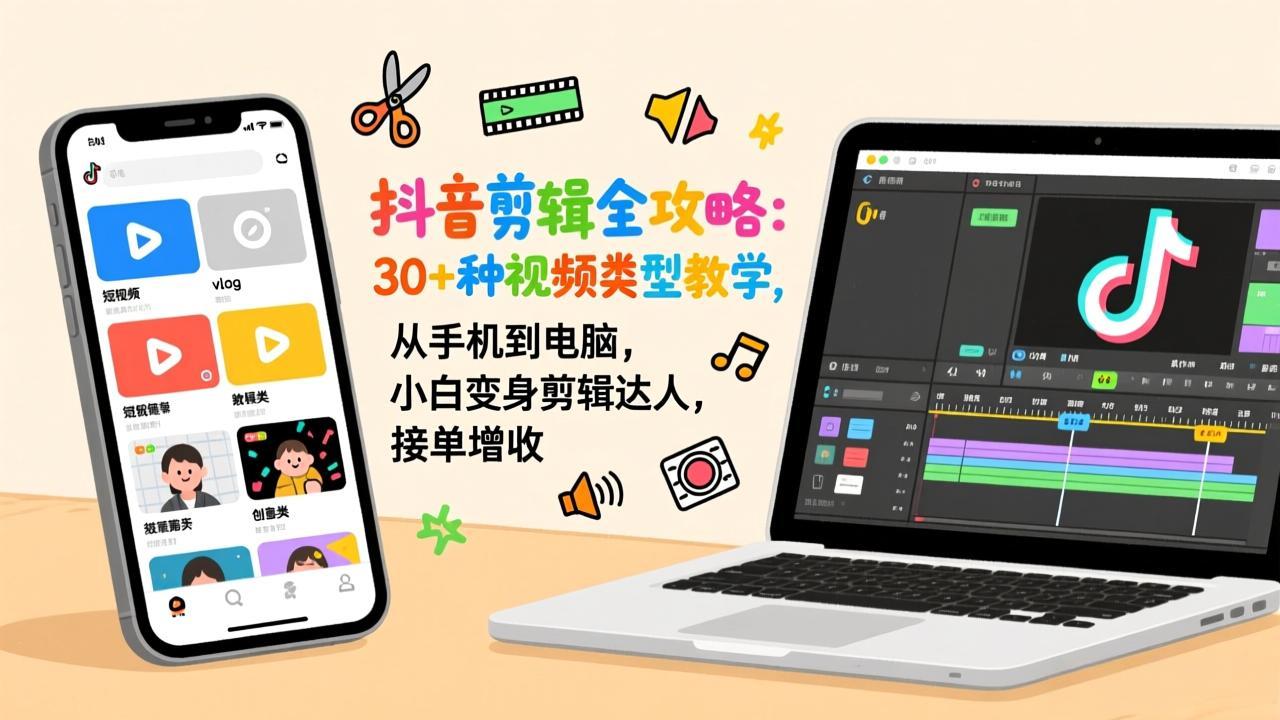 抖音剪辑全攻略：30+种视频类型教学，从手机到电脑，小白变身剪辑达人，接单增收-heixxmi