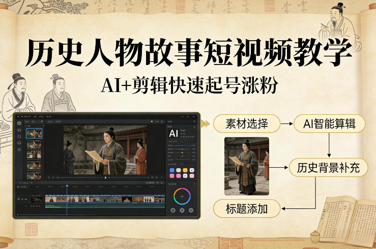 历史人物故事短视频教学，AI+剪辑制作历史人物题材短视频，快速起号涨粉-heixxmi