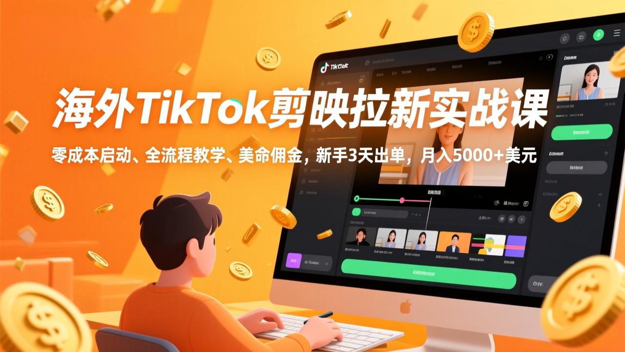 海外TikTok剪映拉新实战课，零成本启动、全流程教学、美金佣金，新手3天出单，月入5000+美元-heixxmi