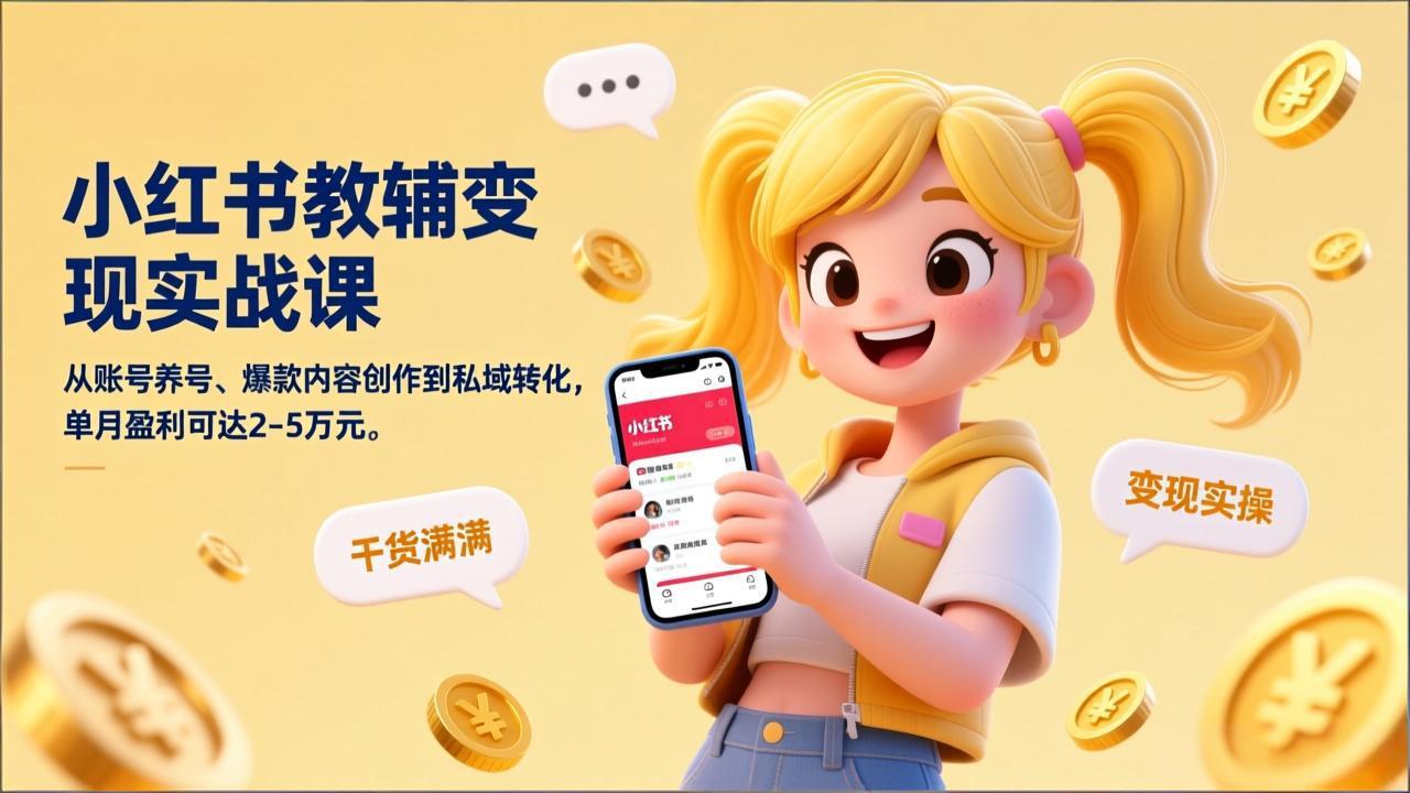 小红书教辅变现实战课，从账号养号、爆款内容创作到私域转化，单月盈利可达2-5万元-heixxmi