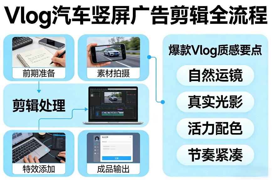 Vlog感觉汽车竖屏广告剪辑脚本全流程，拿捏爆款Vlog质感-heixxmi