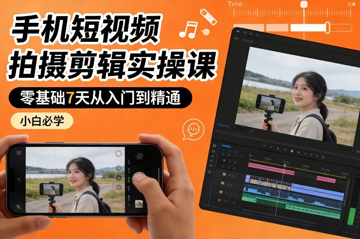 手机短视频拍摄剪辑实操课，零基础7天从入门到精通，小白必学-heixxmi