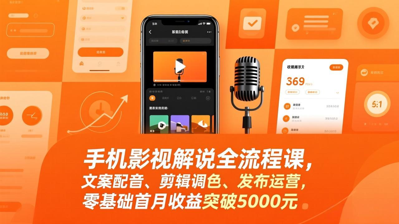 手机影视解说全流程课，文案配音、剪辑调色、发布运营，零基础首月收益突破5000元-heixxmi