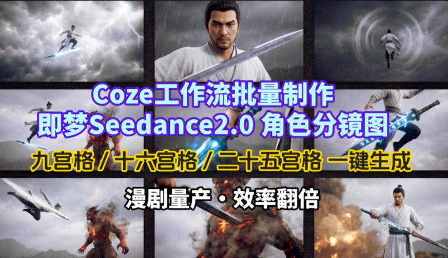 Coze工作流批量制作即梦Seedance2.0角色分镜图，九宫格-十六宫格-二十五宫格一键生成，漫剧量产，效率翻倍-heixxmi