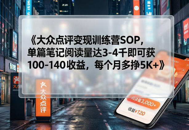 大众点评变现训练营SOP，单篇笔记阅读量达3-4千即可获100-140收益，每个月多挣5K+-heixxmi
