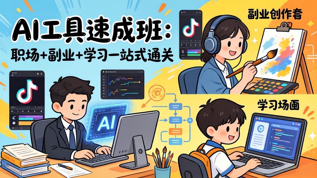 AI工具速成班：职场+副业+学习一站式通关，20+爆款类型+剪映技巧+抖音算法，0基础快速上手-heixxmi