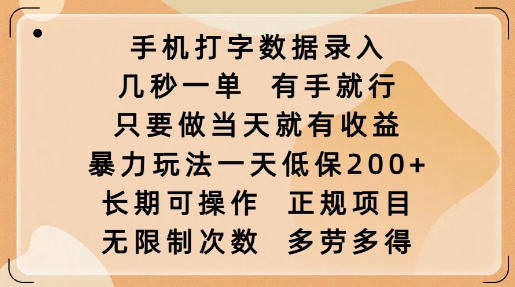 手机打字数据录入，几秒一单，有手就行，只要做当天就有收益，暴力玩法一天低保2张-heixxmi