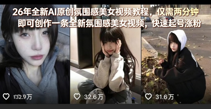 26年全新AI原创氛围感美女视频教程，仅需两分钟即可创作一条全新氛围感美女视频，快速起号涨粉-heixxmi