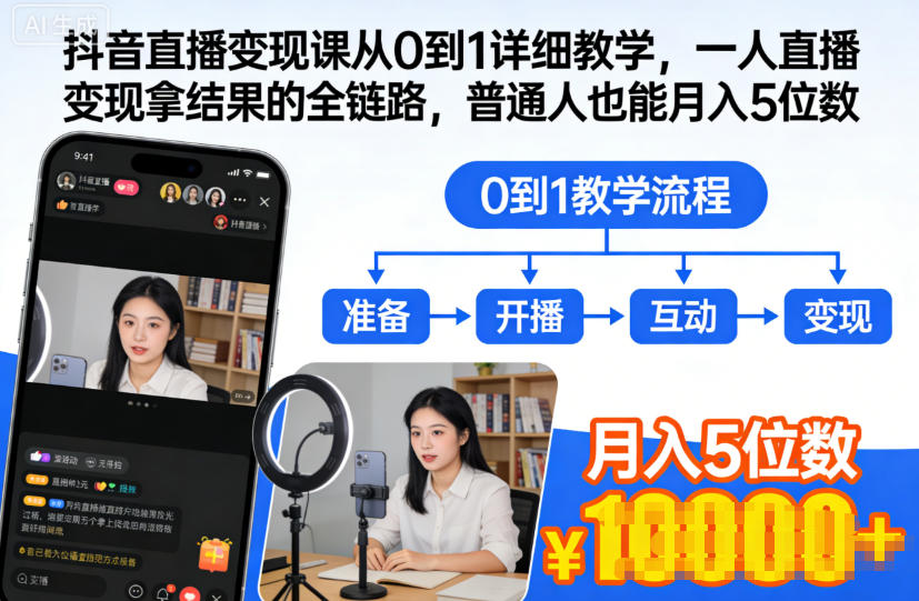 抖音直播变现课从0到1详细教学，一人直播变现拿结果的全链路，普通人也能月入5位数-heixxmi