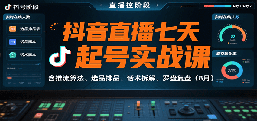 抖音直播七天起号实战课：含推流算法、选品排品、话术拆解、罗盘复盘(8月)-heixxmi